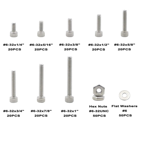 #6-32 UNC Stainless Steel Hex Socket Head Cap Screws, Hex Nuts, Flat Washers Assortment Kit