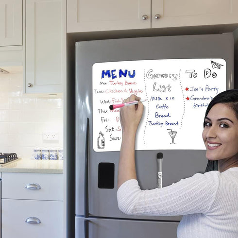 Magnetic Dry Erase Board Fridge Whiteboard Sheet 12x8"- Easy to Write and Clean, Flexible Refrigerator Small White Board for Home Kitchen Shopping List & to Do List, 2 Markers and Eraser with Magnets by ANLIOTE