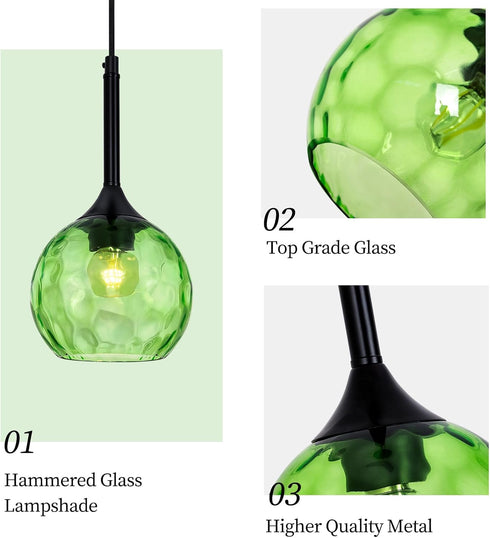 JHLBYL 5.91'' 1-Light Hammered E26 Glass Pendant Lights Kitchen Island: Green Glass Pendant Light with Black Finish