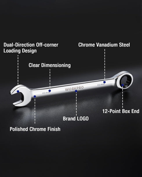 10 mm 12-Point 15-Degree Offset WORKPRO Ratcheting Combination Wrench Metric, CR-V Constructed with Mirror Polish