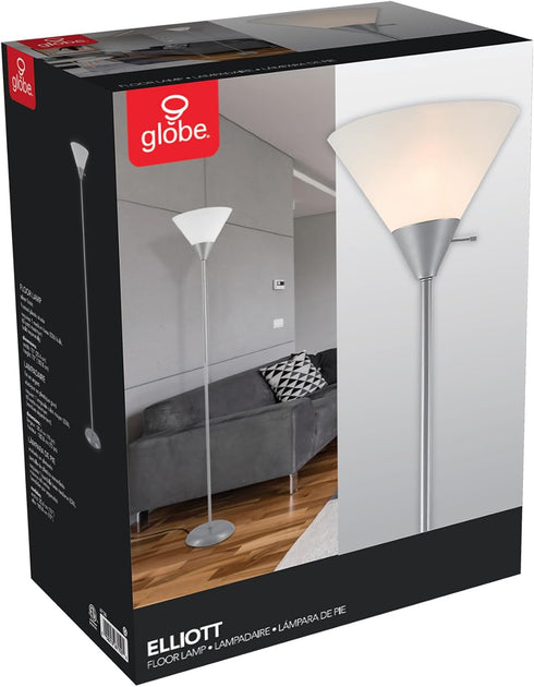 677150 72" Globe Electric Elliott Floor Lamp, Silver, White Plastic Shade, On/Off Rotary Switch on Shade, Standing