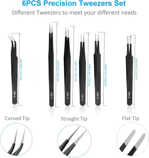 YHYZ 6pcs Set, Set Precision Tweezers Premium Anti-Static Stainless Steel ESD Tweezers Kit for Electronics