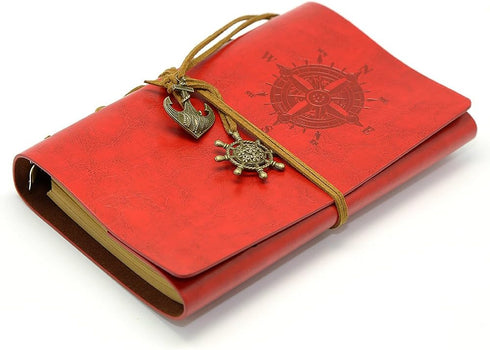 EvZ Leather Writing Journal Notebook, 7 Inches Vintage Nautical Spiral Blank Diary Notepad, Red.