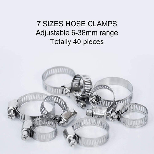 Selizo 40Pcs Hose Clamp, 7 Sizes Adjustable Pipe Tube Clamps, 304 Stainless Steel Hose Clips