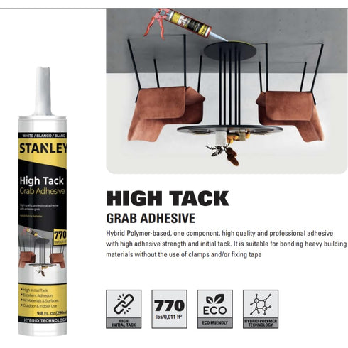 Stanley High Tack Grab Adhesive Caulk, 2X9.8 fl.oz., Waterproof and Paintable for Roofing and Tile