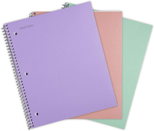 Mintra Office Durable Spiral Notebooks, 1 Subject, Wide Ruled 3pk (Salmon, Sage Green, Lavender) - 100 Sheets, Poly