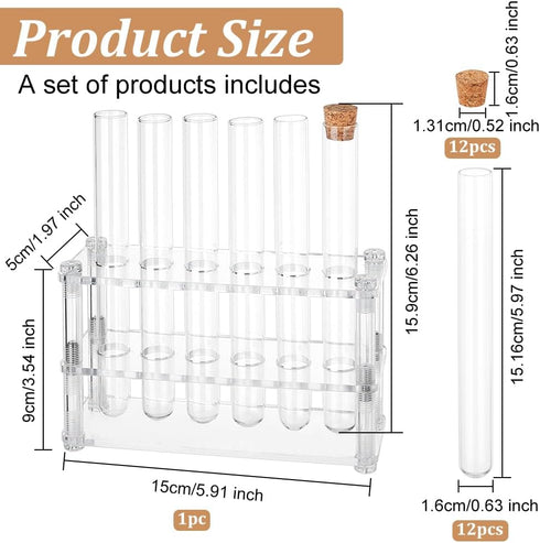 OLYCRAFT 12 Pcs Glass Test Tubes with Rack Cork Stoppers Clear Test Tubes with Acrylic Holder 6 Holes Tubes Rack Kit for Scientific Experiments Decorations and Crafts 6.3 Inch Long