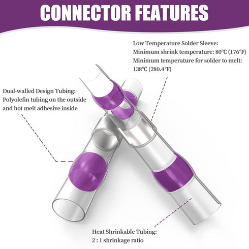 200PCS Purple Solder Seal Wire Connectors 14-12 AWG, Marine Grade Self Soldering Heat Shrink Wire Connectors Waterproof Insulated Electrical Butt Splice Wire Terminals for Automotive Boat Truck