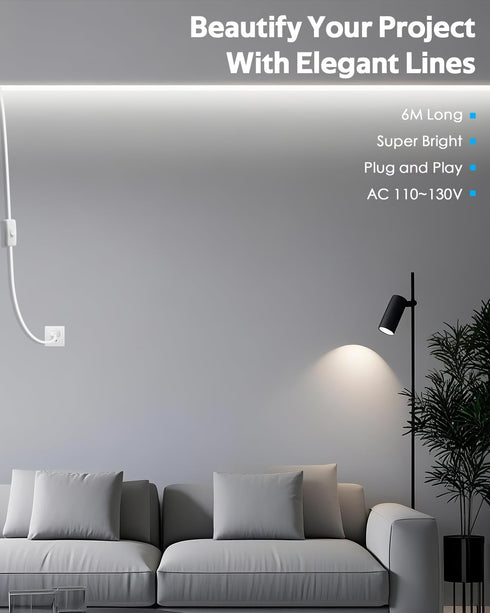 110V 20FT 110V-120V 2835 120LED/M White LED Strip Lights for Bedroom Adhesive Flexible Outdoor Waterproof LED Rope
