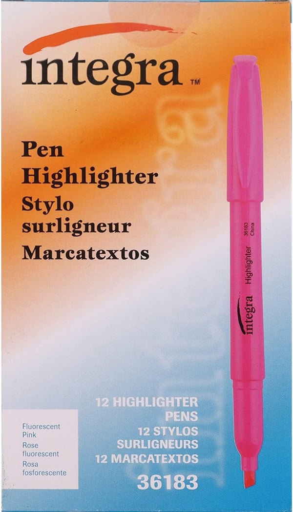Integra Pack of 12 Fluorescent Pink Pen Style Highlighters