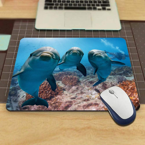 Cute Dolphins Gaming Mouse Pad, Underwater Diving Scuba Non-Slip Rubber Mousepad for Computers and Laptops