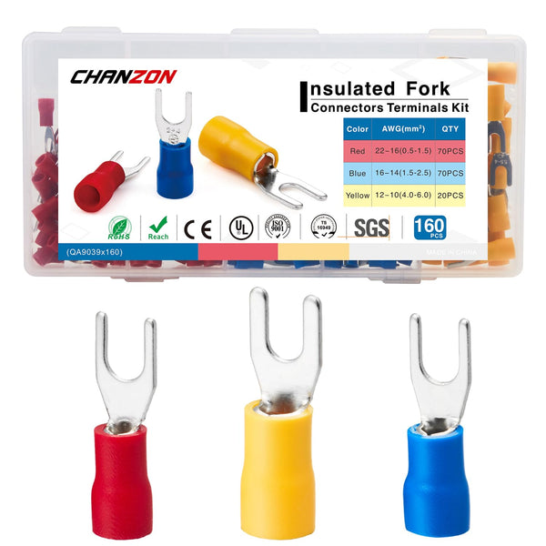 Chanzon UL Listed Insulated Fork Terminals #8 M4 Kit, 160pcs U-Type Crimp Connectors for 22-10AWG Electrical Wiring