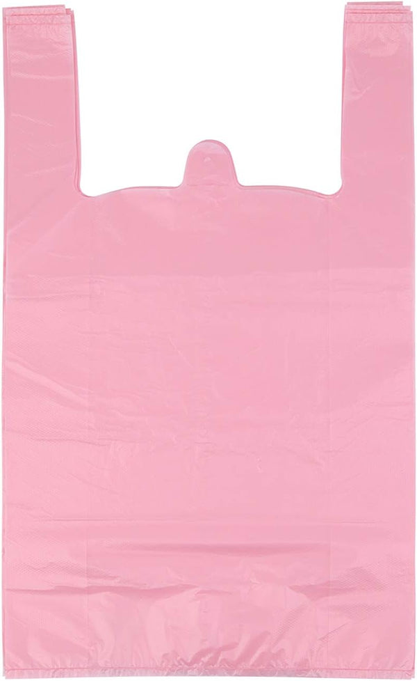 T Shirt Bags, Pink Plastic Grocery Bags with Handles, Bolsas De Plastico Para Negocio, 12x20 Inches (50 pcs)