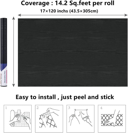 Arthome Black Wood Peel and Stick Contact Paper, Self-Adhesive Wallpaper for Countertop, Cabinets, Furniture, 17x120''