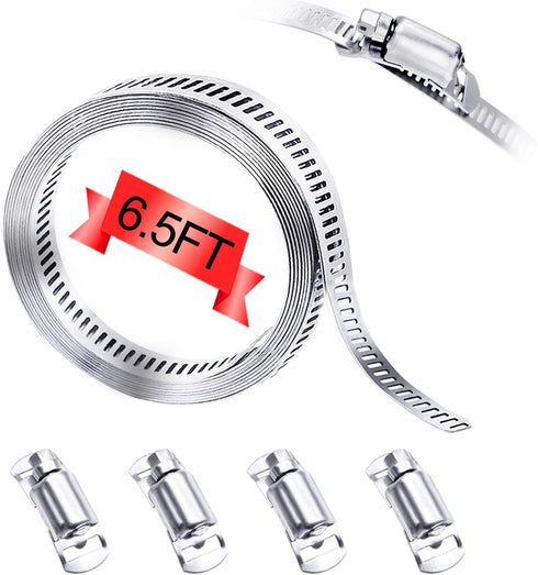 304 Stainless Steel Hose Clamp Assortment Kit, DIY 6.5FT Metal Strap + 4 Stronger Fasteners for Pipe, Duct, Tube