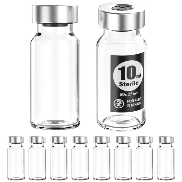 Sterile Empty Vials with Silver Aluminum Cap and Butyl Rubber Stopper, 10pcs (10ml) Sterile Package