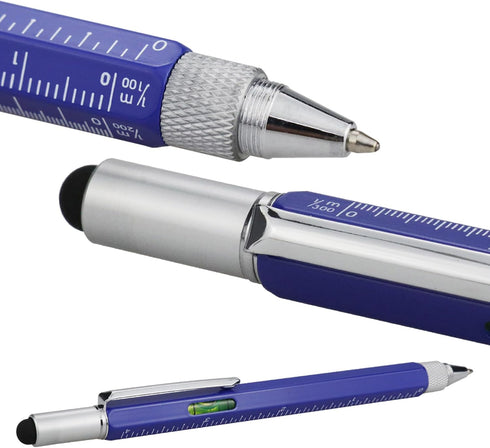HeTaoCat Metal Multi-tool - 6-in-1 Stylus Pen with Screwdriver, Ruler, Bubble Level, and Ballpoint Pen (Blue)