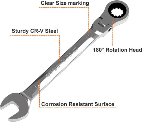 Egofine 13mm Ratchet Wrench Flex Head, Ratcheting Combination Wrench Metric, Industrial Grade Gear Spanner with 12 Point Box End, 72-Teeth Ratchet, Chrome Vanadium Steel