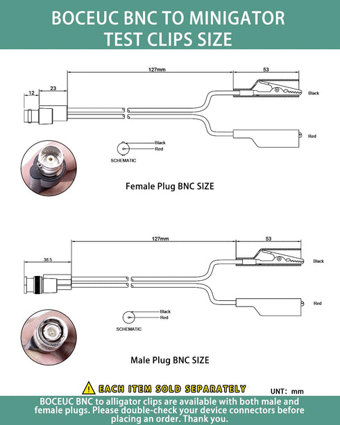 BNC Test Leads, BNC (F) to Alligator Clip, 1 Pack Test Lead Breakout Cable for Multimeter, 5A Rating