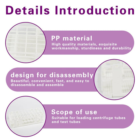 Plastic Test Tube Rack for 16mm Tubes, 60 Wells, White, Detachable (60 Hole)