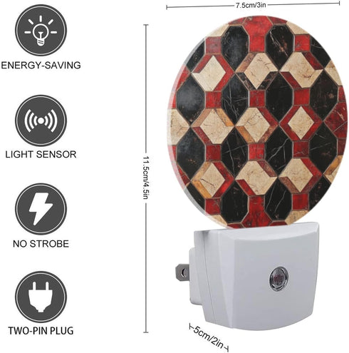 LED Night Lights Lamp with Dusk to Dawn Sensor, Vintage Floor Tiles in Black, Red and Beige Night Light Plug Into Wall