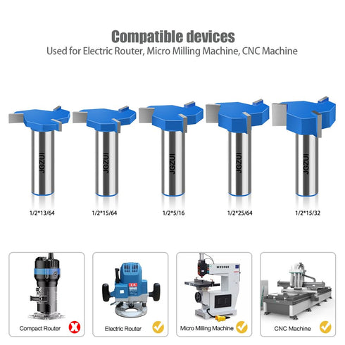 JGZUI 5Pcs Set,1/2" 13/64", 15/64", 5/16", 25/64", 15/32", Three-Blade Slot Cutter Router Bit, ''T'' Type Slotting Bit