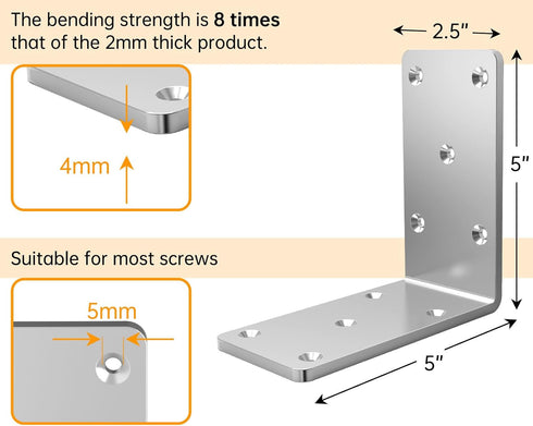 KOMOHOM 5" 5" 2.5" (4 X X Heavy Duty L Brackets for Wood PCS), L-Shaped Corner Brackets for Shelving and Furniture