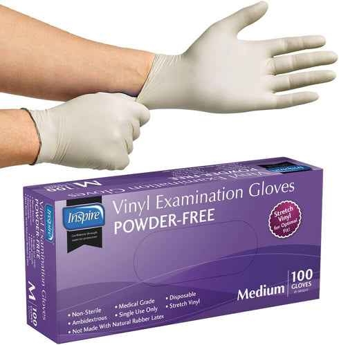 Inspire Medical Gloves, Powder Free Stretch Vinyl Exam Gloves, Disposable Latex Free Cooking Gloves