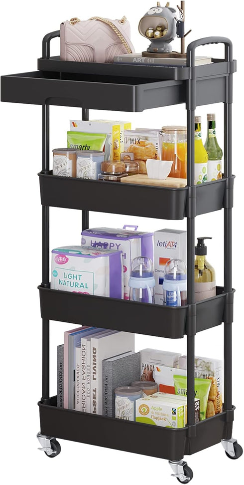 Calmootey 4-Tier Rolling Utility Cart with Drawer, Multifunctional Storage Organizer for Kitchen, Bathroom, Living