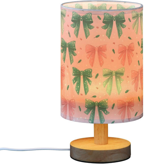 ALAZA Bedside Table Lamp for Bedroom Pink Green Bow Nightstand LED Light Lamps with USB Port Linen Fabric Shade Table