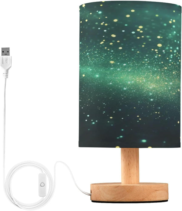 YANENDIE Green Starry Night Bedside Table Lamp, Nightstand Lamp with Linen Fabric Shade