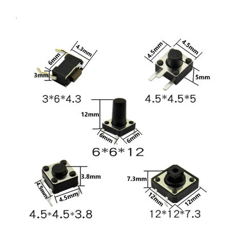 250pcs Tactile Push Button Switch SMD Micro Momentary Tact Switch Assortment Kit, 25 Values