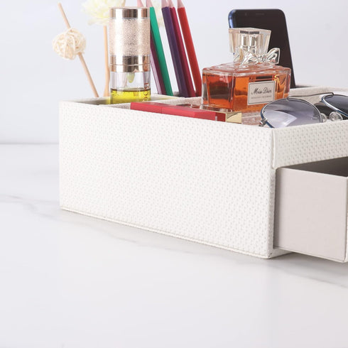 Leather Desk Organizer with Drawers, Home Cosmetics Organizer, Phone Remote Organizer, White