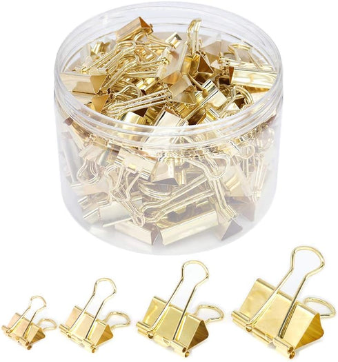 Binder Clip Paper Clamps, Assorted Sizes (Mini, Small, Medium, Large), 100 Pcs Gold Clips for Office School Supplies