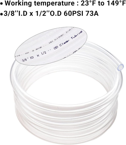 3/8’’ ID × 1/2’’ OD Clear Plastic Vinyl Tubing, 10 ft Flexible PVC Hose for Water, Air, Oil Transfer