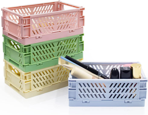 Xhwykzz 4 Pack Mini Foldable Plastic Small Baskets, Collapsible Storage Crate for Home, Office, Classroom, Mini Size