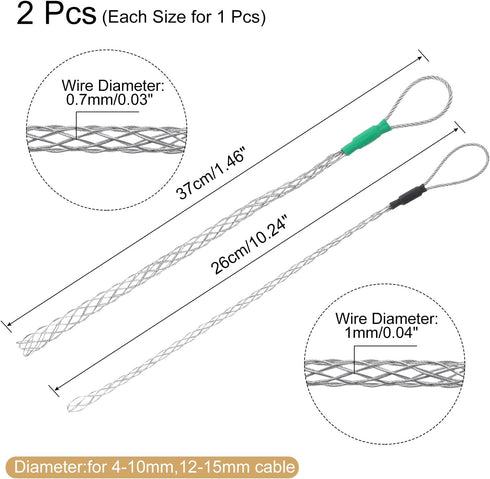 MECCANIXITY Cable Pulling Grip for 6-10mm+12-15mm Cable, Black+Green, 26/37cm Wire Mesh Puller Socks Grip