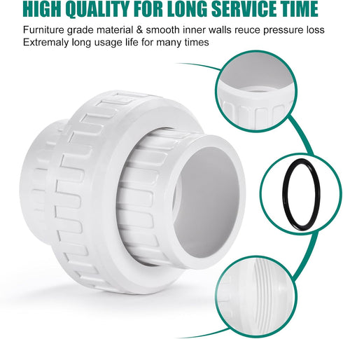 1-1/4" PVC Union Coupling Pipe Fitting, 1-1/4" PVC Slip Union Schedule 40, White (2 Pack)