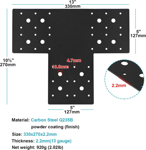 eoere 4 PCS Black T Strap Flat Tee Mending Plate, 13 Gauge Steel T Bracket for 6x6 Post and Beam