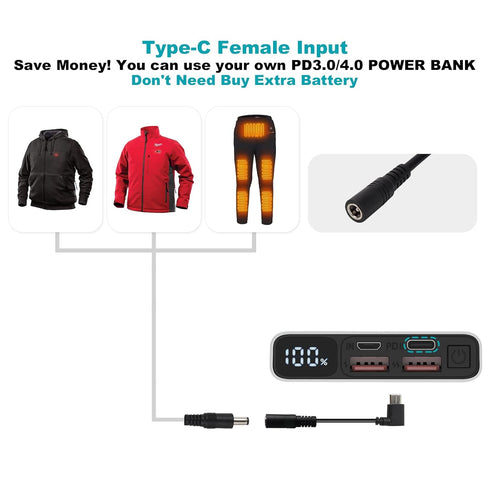 12V Heated Jacket Battery Step-Up Adapter Charger Cable, Compatible with Milwaukee, M12, Dewalt, Makita, Snapon