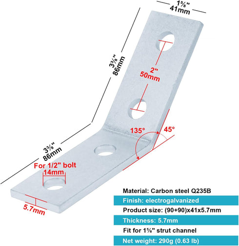 1-5/8" Strut Channel Angle Bracket Fitting with 4 Hole, Metal Corner Brace Framing Connector