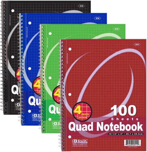 BAZIC Quad-Ruled Spiral Notebook, 100 Count, Assorted Colors, 10.5 x 8 Inches