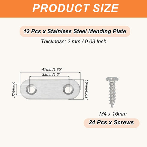 1.9"x0.6", 12 PATIKIL Flat Mending Plate Pcs Stainless Steel Straight Flat Bracket for Shelves Corner Braces Brackets