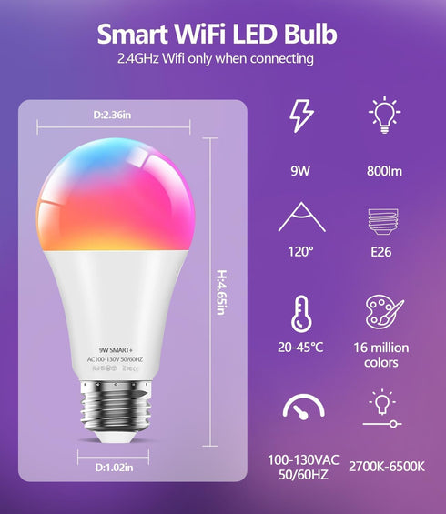 Smart Light Bulbs, 9W A19 E26 800LM WiFi Bluetooth LED Bulbs, Compatible with Alexa & Google Assistant - 4 Pack