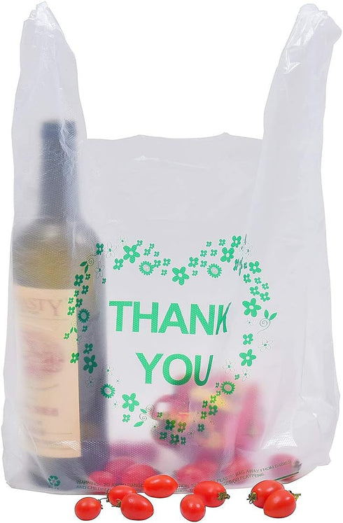 LazyMe Thank You T Shirt Bags, White Plastic Grocery Bags with Handles, 12 x 20 inch (50 pcs)