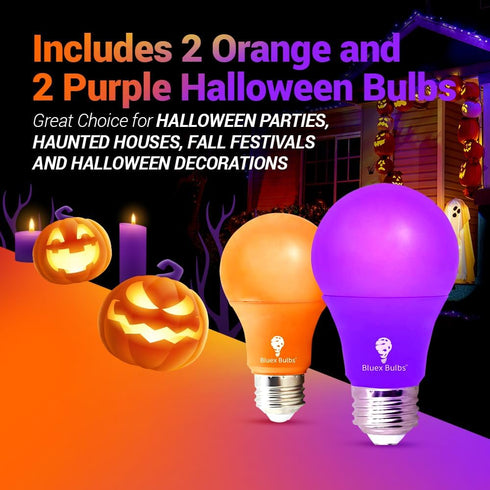 4 Pack LED Light Bulbs: A19 Purple & Orange 9W (60W Replacement) E26 Base for Home, Party, Halloween Lighting