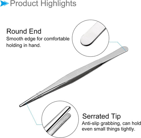 Tweezers, 200mm Length, Stainless Steel Straight Blunt Serrated Tip, 4-Pieces for Mechanical Equipment Product Repair