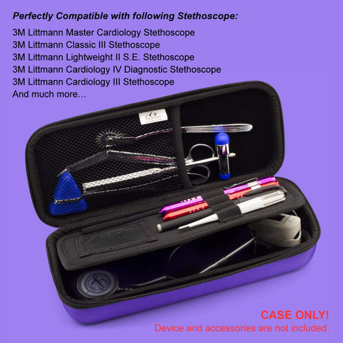 Hard Stethoscope Case with ID Slot, Large Carrying Case Compatible with 3M Littmann/ADC/Omron/MDF (Purple)