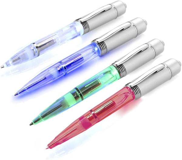 Glovion LED Pen Light Pack of 4 - LED Writing Pens with Black Ink - White/Red/Blue/Green Color