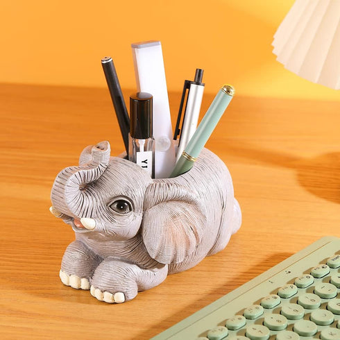 Elephant Pen Pencil Holder, Cute Desk Organizer Animal Ornament, Makeup Brush Holder for Home Office
